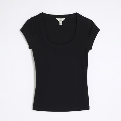 Black Scoop Neck Cap Sleeve T-shirt