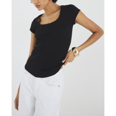Black Scoop Neck Cap Sleeve T-shirt