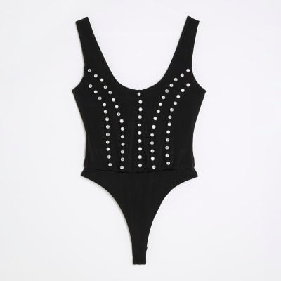 Black Scoop Neck Studded Bodysuit