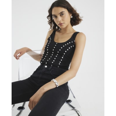 Black Scoop Neck Studded Bodysuit