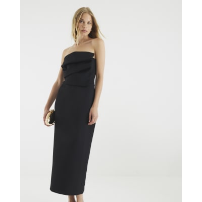 Black Sculpted Bandeau Tailored Midi Dress