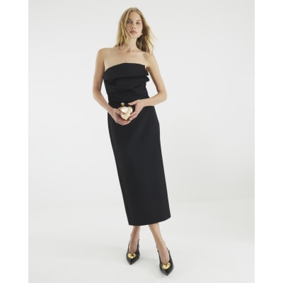 Black Sculpted Bandeau Tailored Midi Dress