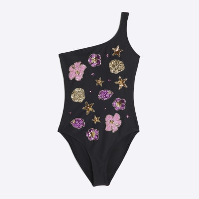 Black Sequin One Shoulder Swimsuit