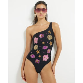 Black Sequin One Shoulder Swimsuit