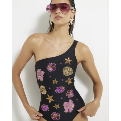 Black Sequin One Shoulder Swimsuit
