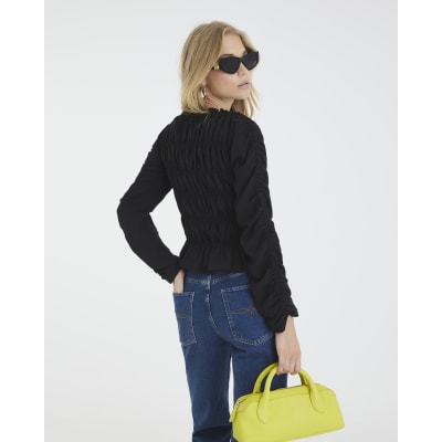 Black Shirred Long Sleeve Top
