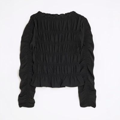 Black Shirred Long Sleeve Top