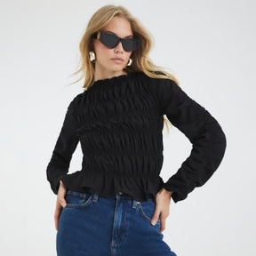 Black Shirred Long Sleeve Top