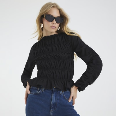Black Shirred Long Sleeve Top