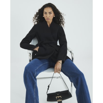 Black Short Belted Wrap Coat