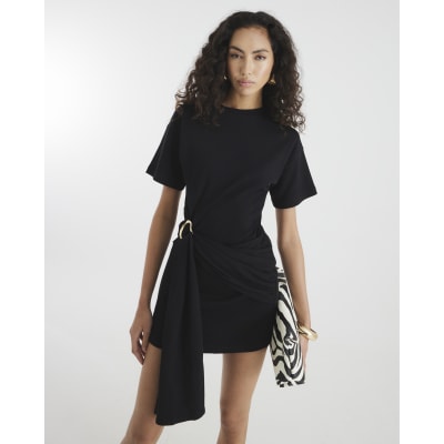 Black Short Sleeve Belted Mini Dress