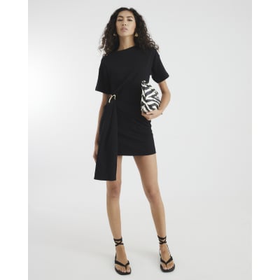 Black Short Sleeve Belted Mini Dress