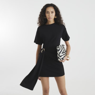 Black Short Sleeve Belted Mini Dress