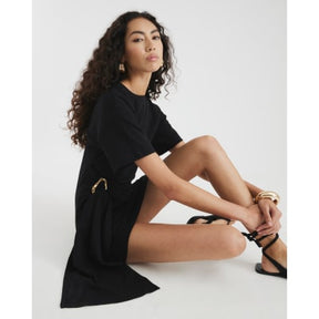 Black Short Sleeve Belted Mini Dress