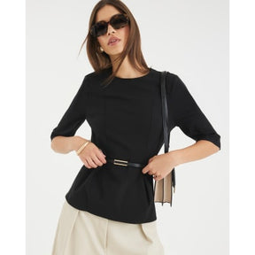 Black Short Sleeve Belted Top