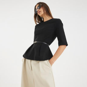 Black Short Sleeve Belted Top
