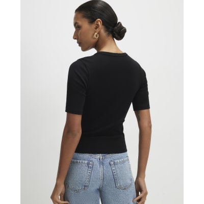 Black Short Sleeve Cotton Fitted Top