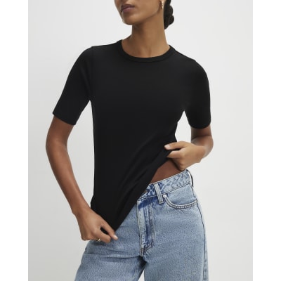 Black Short Sleeve Cotton Fitted Top