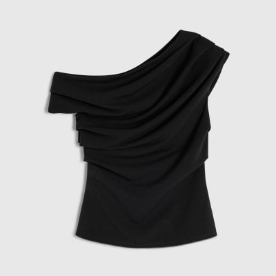 Black Short Sleeve Drape Off Shoulder Top