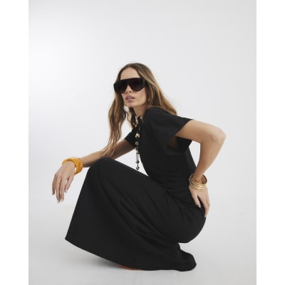 Black Short Sleeve Drape Side Midi Dress