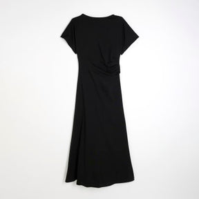Black Short Sleeve Drape Side Midi Dress