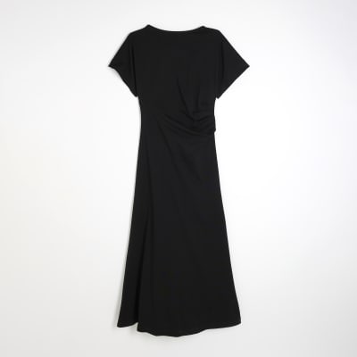 Black Short Sleeve Drape Side Midi Dress