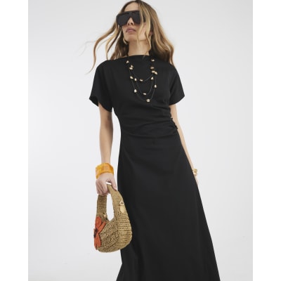 Black Short Sleeve Drape Side Midi Dress