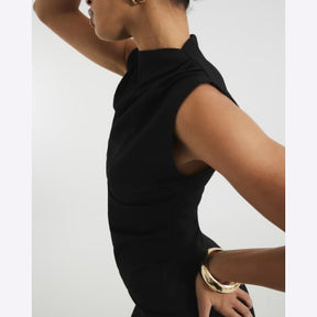 Black Short Sleeve Draped High Neck Top