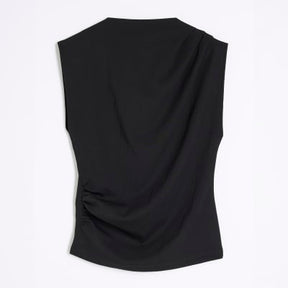 Black Short Sleeve Draped High Neck Top