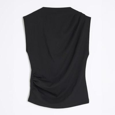 Black Short Sleeve Draped High Neck Top