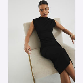 Black Short Sleeve Draped High Neck Top