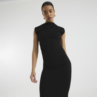 Black Short Sleeve Draped High Neck Top