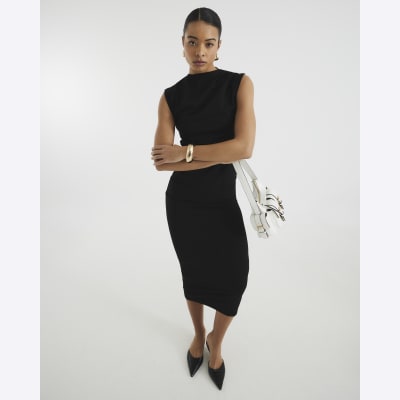 Black Short Sleeve Draped High Neck Top