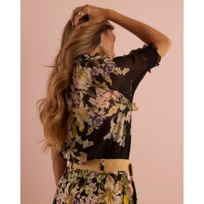 Black Short Sleeve Floral Blouse