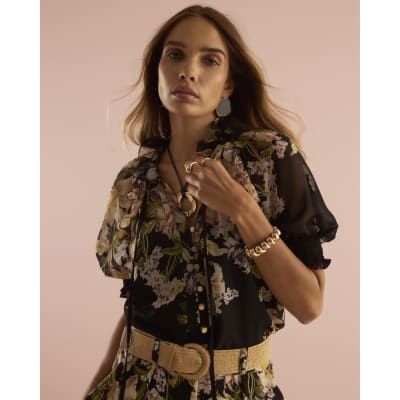 Black Short Sleeve Floral Blouse