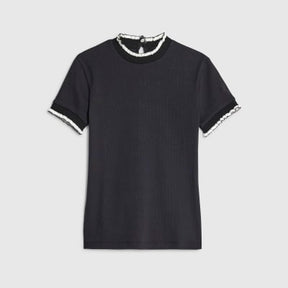 Black Short Sleeve Frill Trim Fitted Top