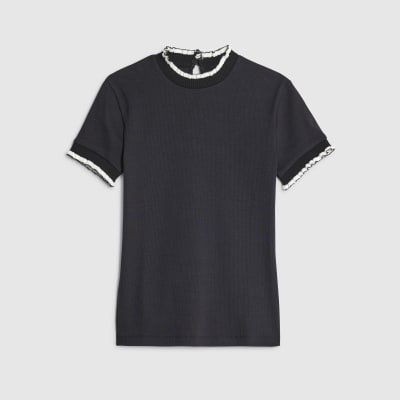 Black Short Sleeve Frill Trim Fitted Top