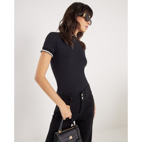 Black Short Sleeve Frill Trim Fitted Top