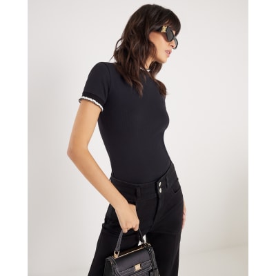 Black Short Sleeve Frill Trim Fitted Top