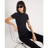 Black Short Sleeve Frill Trim Fitted Top