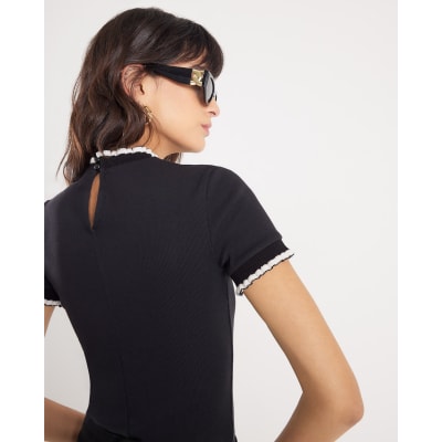 Black Short Sleeve Frill Trim Fitted Top