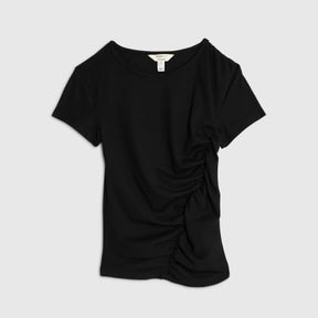 Black Short Sleeve Gathered Drape Top
