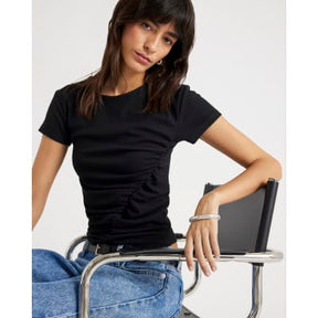 Black Short Sleeve Gathered Drape Top