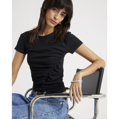 Black Short Sleeve Gathered Drape Top