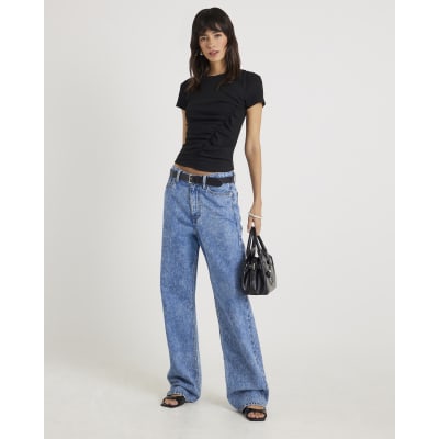 Black Short Sleeve Gathered Drape Top