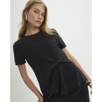 Black Short Sleeve Gathered Side Top
