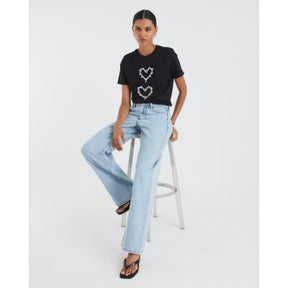 Black Short Sleeve Heart Diamante T-shirt