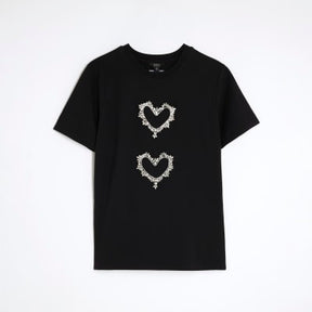 Black Short Sleeve Heart Diamante T-shirt