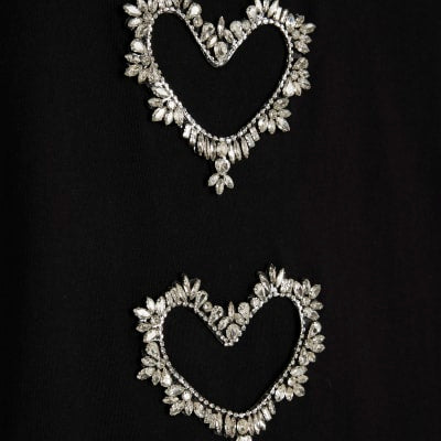 Black Short Sleeve Heart Diamante T-shirt