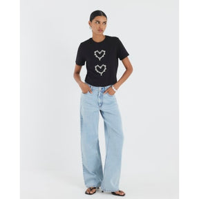 Black Short Sleeve Heart Diamante T-shirt